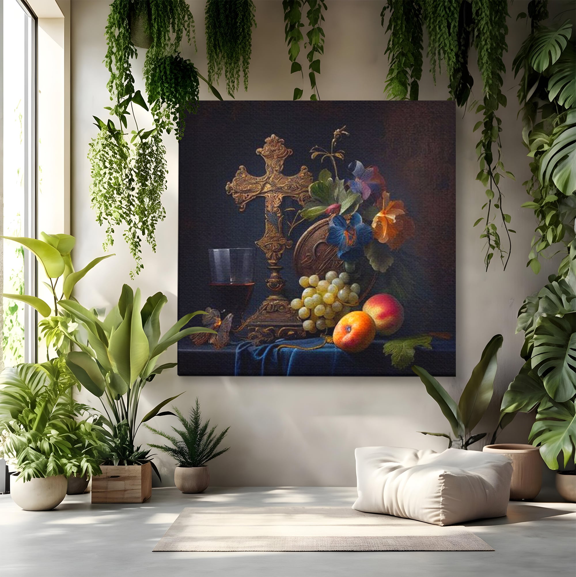 Tablou canvas cu natura statica religioasa cu cruce si fructe, fara rama, pe sasiu de lemn